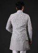 Grey Nehru Jacket Set In Linen With Thread Embroidered Work