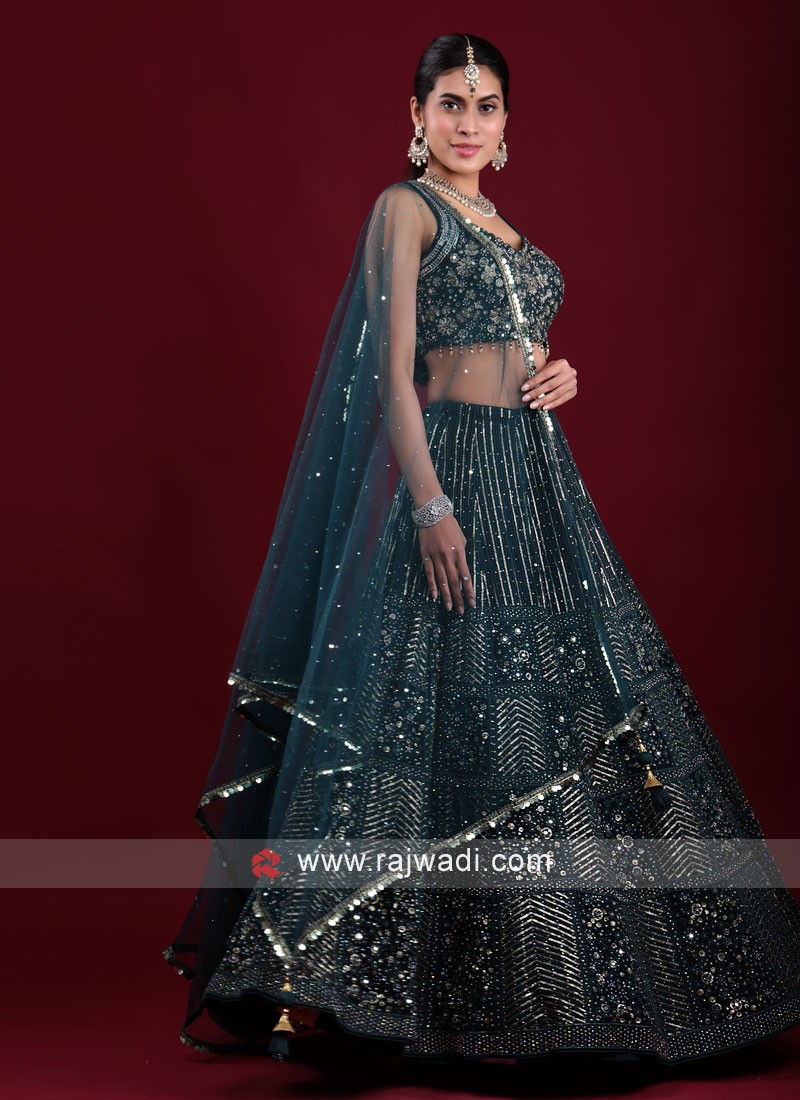 Lehenga Choli : Dark green art silk digital printed party ...