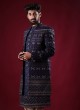 Raw Silk Jacket Style Indowestern In Blue Color
