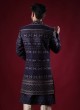 Raw Silk Jacket Style Indowestern In Blue Color