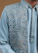 Resham Work Sky Blue Nehru Jacket Suit