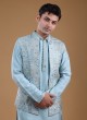 Resham Work Sky Blue Nehru Jacket Suit