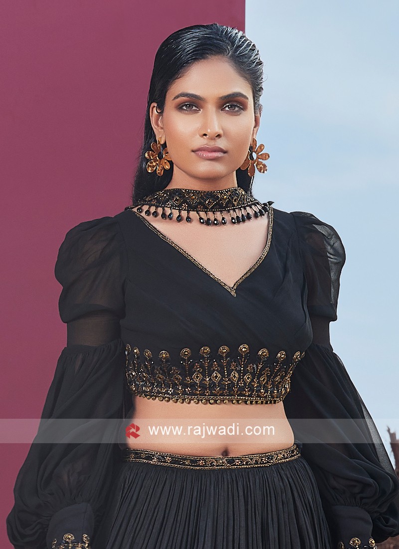 Crop Top Lehenga : Black butter silk heavy flair crop top ...