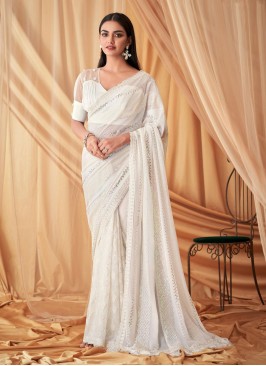 Off White Sequins Embroidered Party Wear Saree