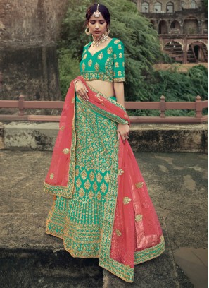 Absorbing Patch Border Sea Green Satin Lehenga Choli