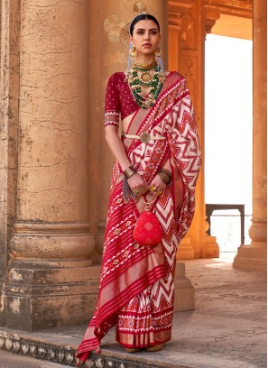 Red and White Patola Print Silk Contemporary Saree