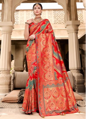 Stunning Red Woven Silk Classic Saree