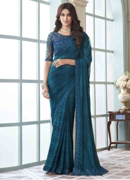 Peacock Blue Embroidered Contemporary Silk Saree