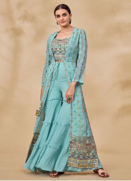 Aqua Blue Sequins Sharara Salwar Kameez