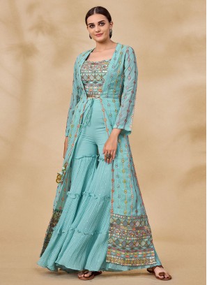 Blue Color Party Wear Indo Western Plazo Suit Wih Long Koti :: ANOKHI  FASHION