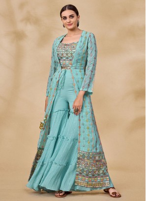 Aqua Blue Sequins Sharara Salwar Kameez