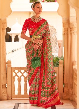 Designer Green and Red Patola Printed Tussar Silk Saree