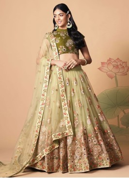 Alluring Pista Green Designer Embroidered Lehenga Choli