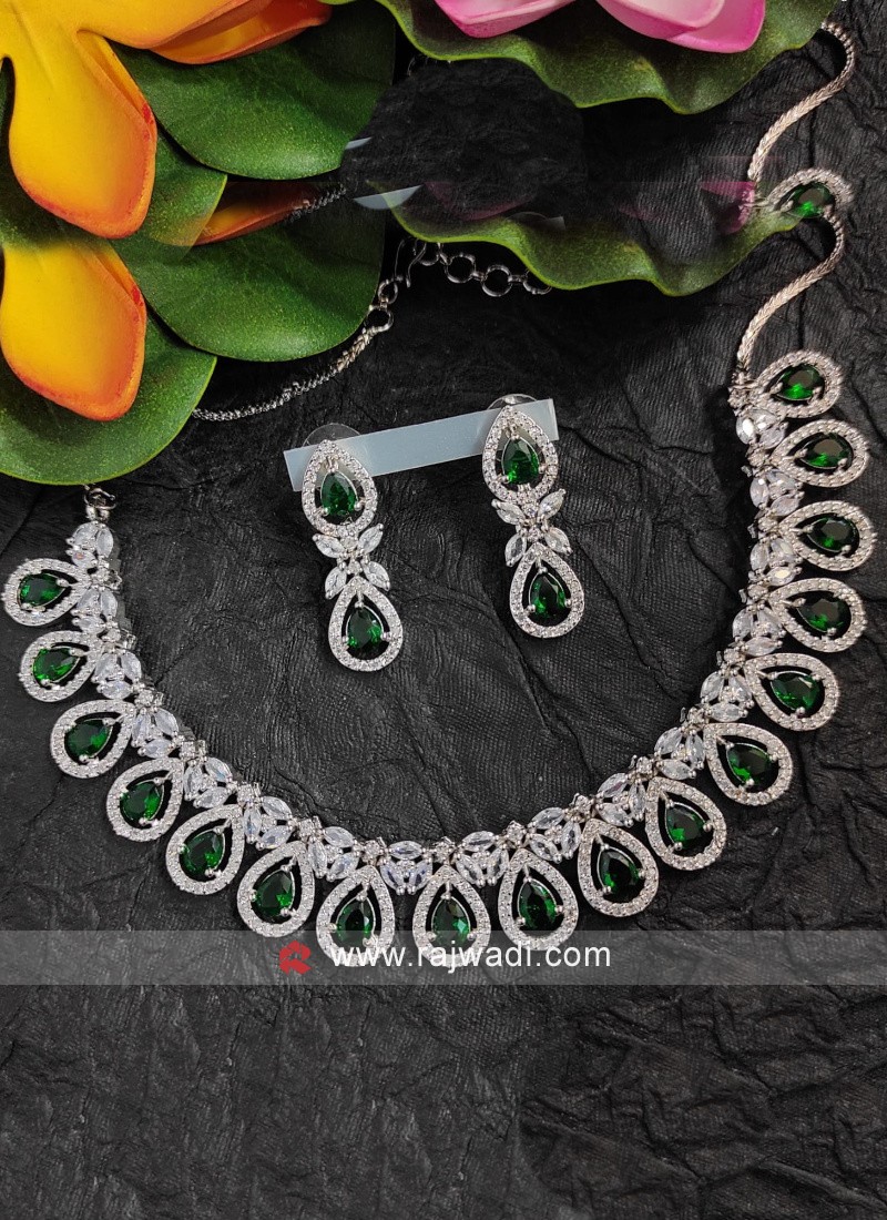 Rose gold Emerald Green American Diamond necklace|High Quality Cz Diam –  Indian Designs