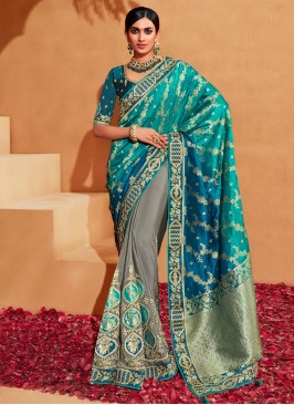 Splendid Peacock Blue Multicolor Silk Saree