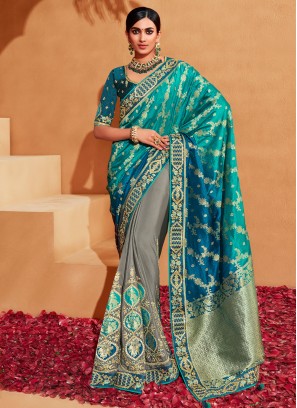 Splendid Peacock Blue Multicolor Silk Saree