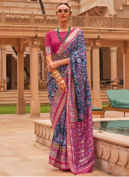 Navy Blue and Pink Classic Patola Silk Saree