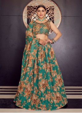 Sea Green Floral Printed Organza Lehenga Choli