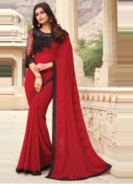 Amusing Red Ceremonial Designer Traditional Saree