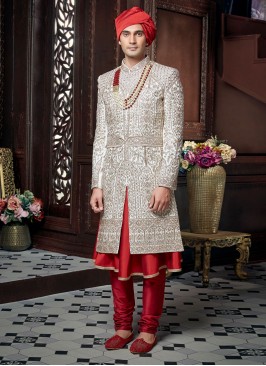 Anarkali Style Art Silk Wedding Sherwani For Groom