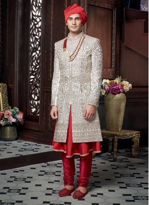 Anarkali Style Art Silk Wedding Sherwani For Groom