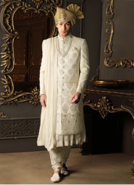 Anarkali Style Cream Thread Embroidered Groom Sherwani Set