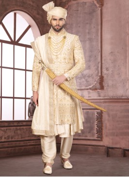 Anarkali Style Golden Heavy Embroidered Groom Sherwani Set