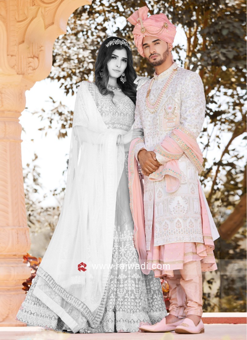 Off White,Peach Colour Silk,Imported Fabric Wedding Sherwani.