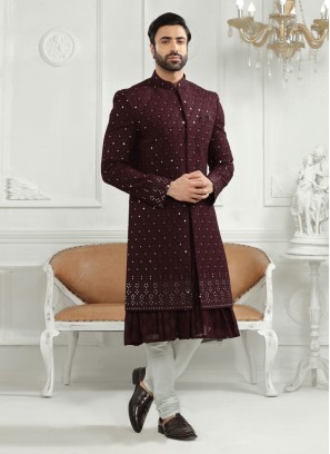 Anarkali Style Mirror Work Sherwani In Wine Color