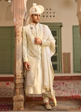 Anarkali Style Sherwani In Cream Color