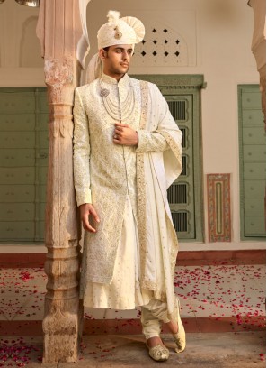 Anarkali Style Sherwani In Cream Color