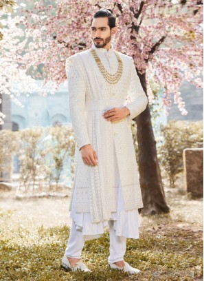 Anarkali Style Wedding Sherwani In White Color