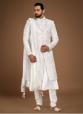 Anarkali Style White Embroidered Groom Sherwani Set