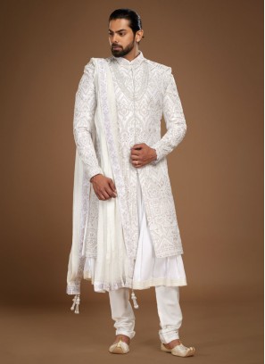 Anarkali Style White Embroidered Groom Sherwani Set