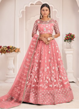 Light Coral Designer Net Embroidered Lehenga Choli