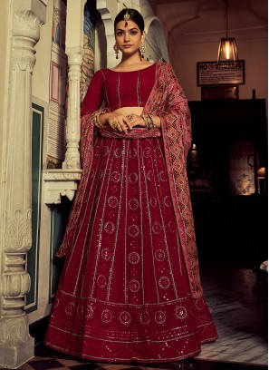 Red Georgette Mirror Embellished Lehenga Choli