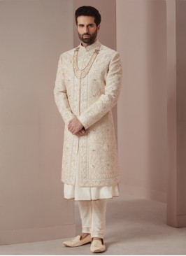 Anrakali Style Thread Embroidered Silk Sherwani