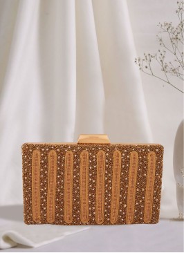 Antique Golden Brown Clutch With Beads Embroidery