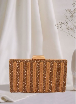 Antique Golden Brown Clutch With Beads Embroidery