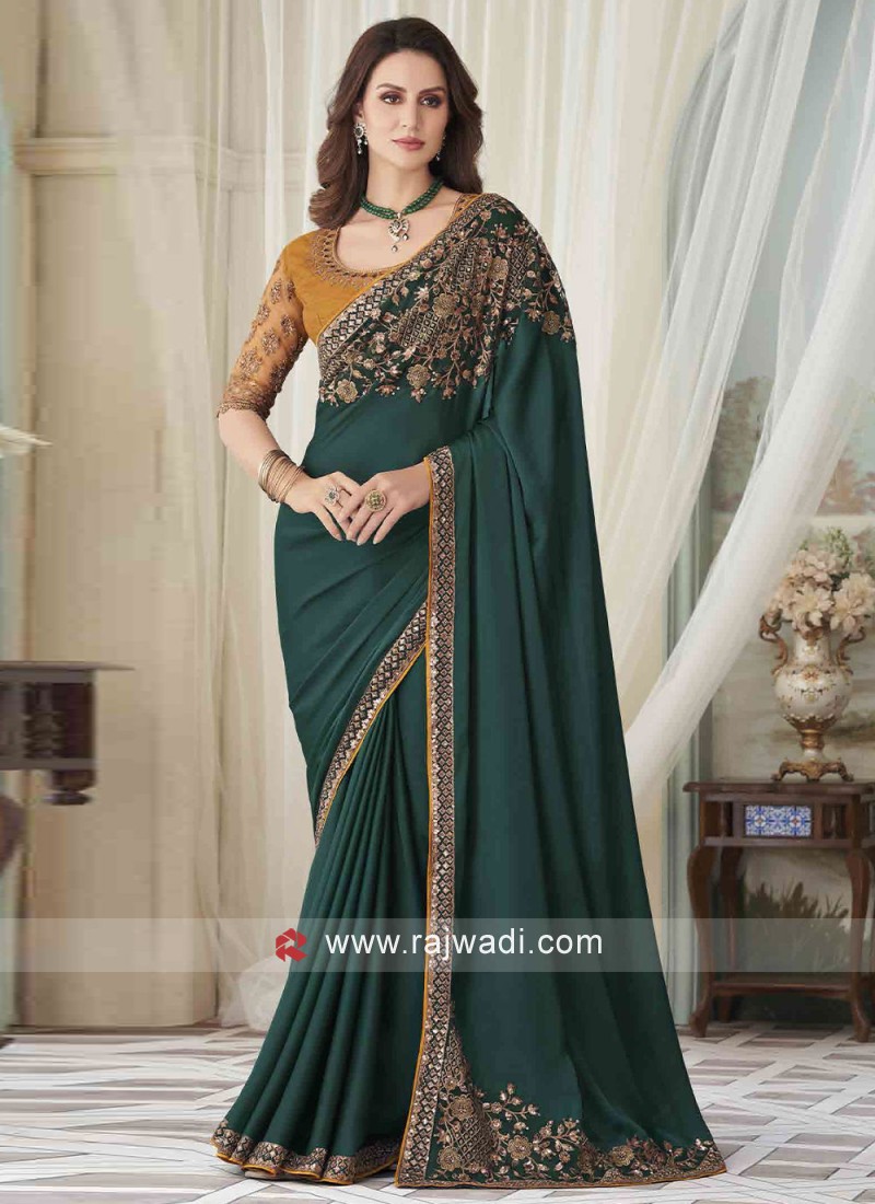 Appealing Teal Milano Silk Embroidered Classic Saree