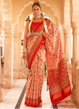 Peach and Red Tussar Silk Patola Print Saree