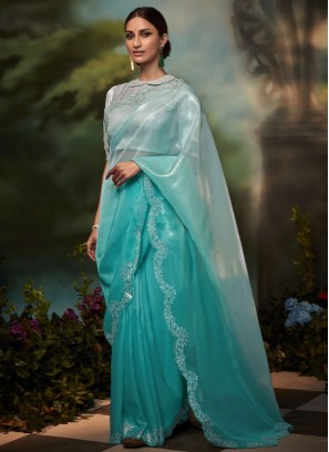 Gorgeous Aqua Blue Designer Saree with Stone Work