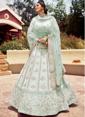 Aqua Blue Faux Crepe Gota Work Lehenga Choli