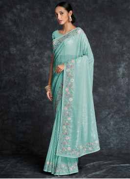 Aqua Blue Georgette Sequins Embellished Saree