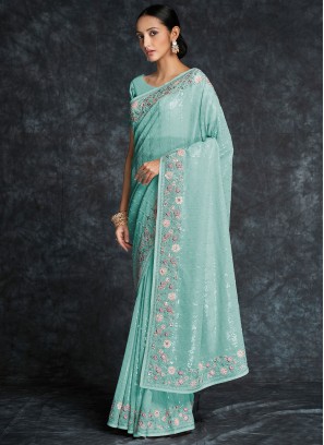 Aqua Blue Georgette Sequins Embellished Saree