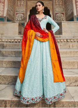 Aqua Blue Georgette Sequins Embroidered Anarkali Suit