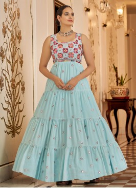 Aqua Blue Georgette Sequins Trendy Gown