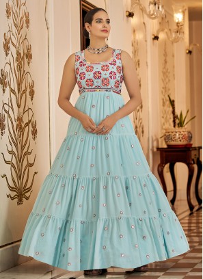 Aqua Blue Georgette Sequins Trendy Gown