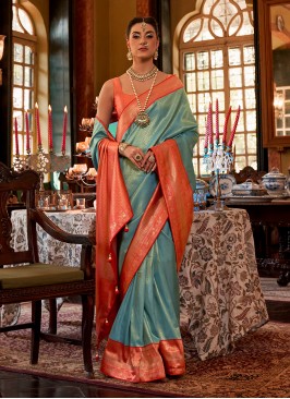 Classic Aqua Blue And Rust Silk Saree