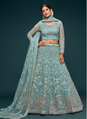 Aqua Blue Soft Net Zari Embroidered Lehenga Choli